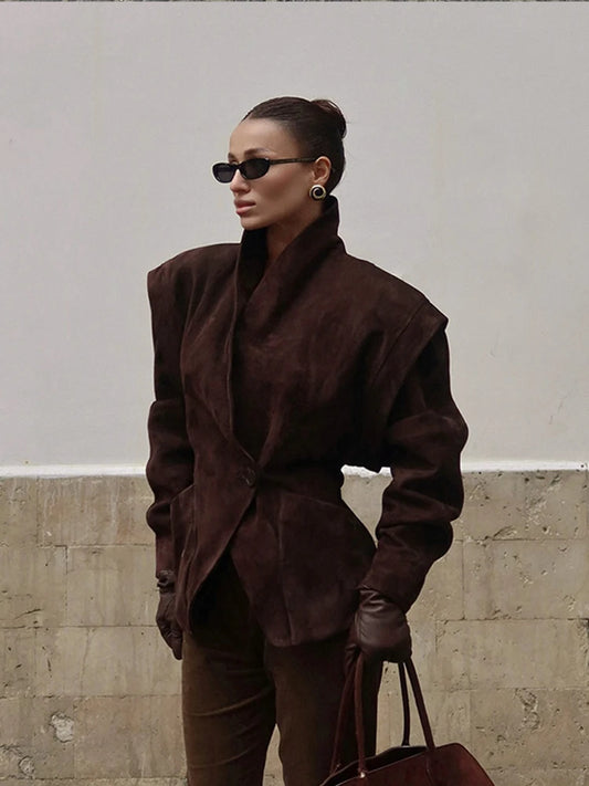 Chocolate Brown Single Breasted Suede Women's Jacket