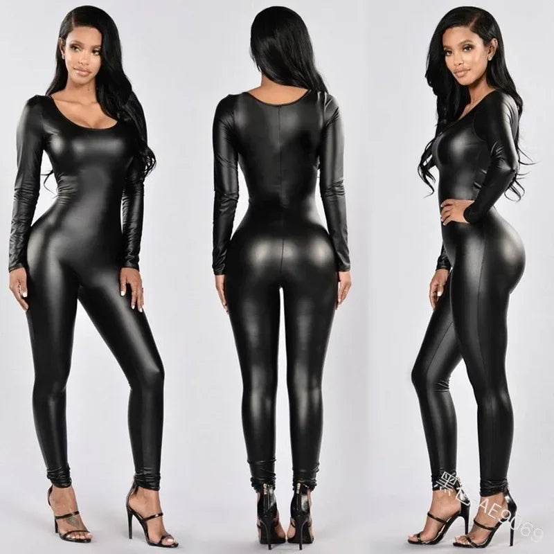 A 1 Back to Black Patent Leather Long Sleeve Jumpsuit