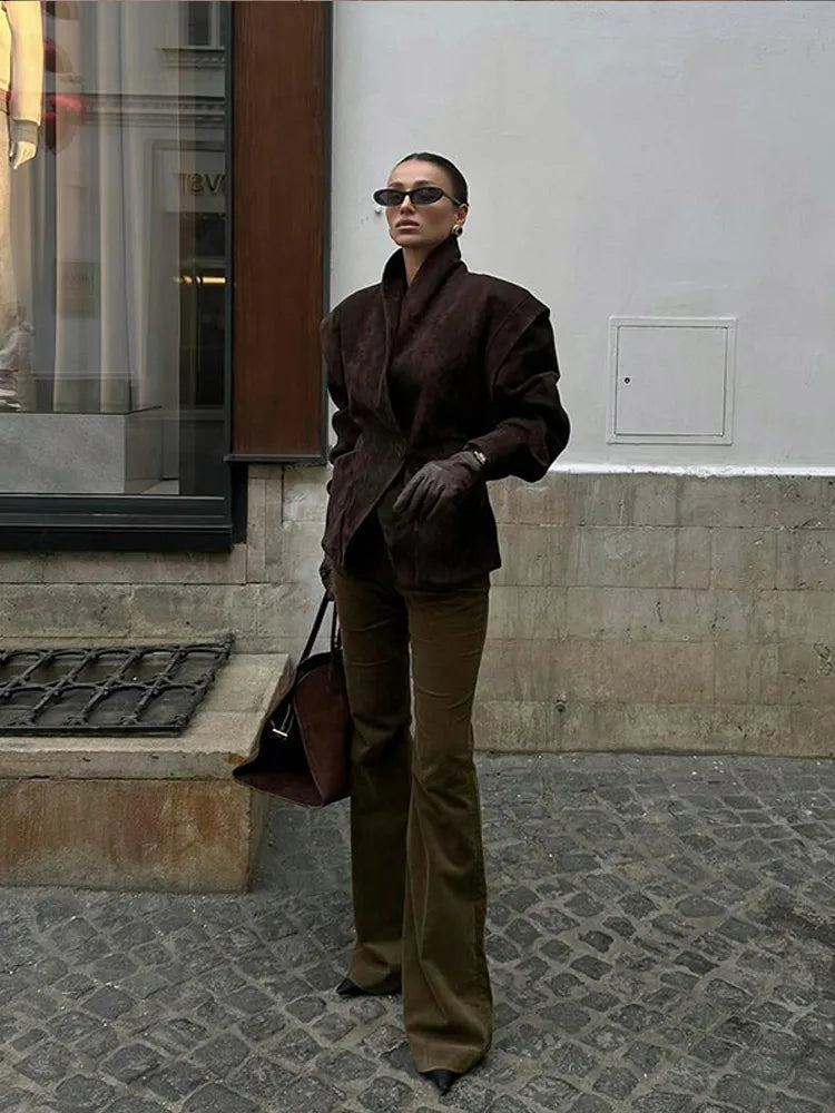 Chocolate Brown Single Breasted Suede Women's Jacket