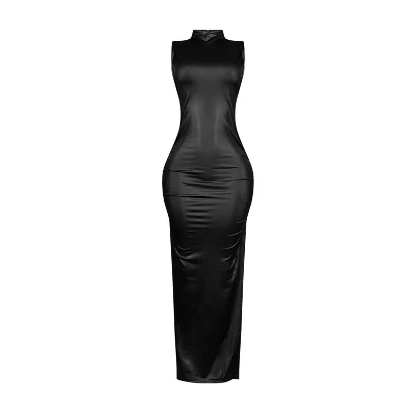 A1 Back to Black  PU Leather Turtle Neck Body Con Dress