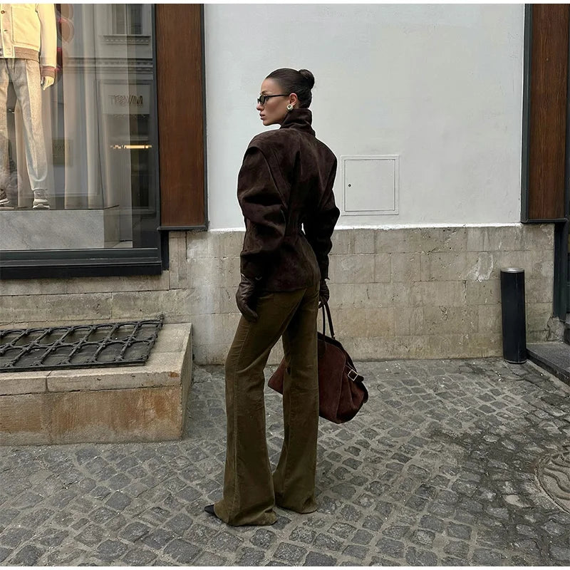 Chocolate Brown Single Breasted Suede Women's Jacket