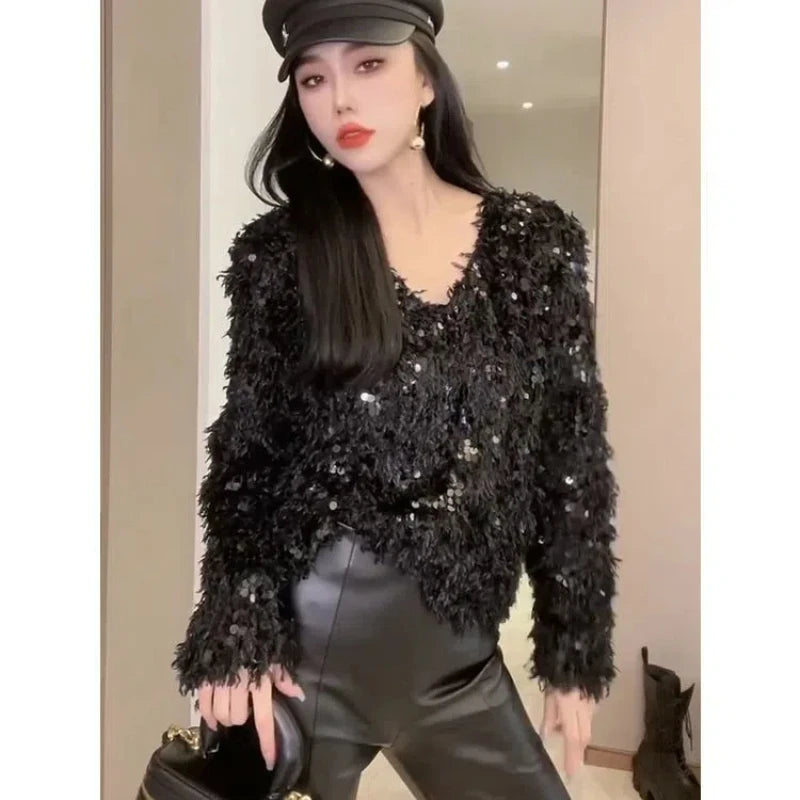 Back To Black V-Neck Sparkle Sweater (Holiday)