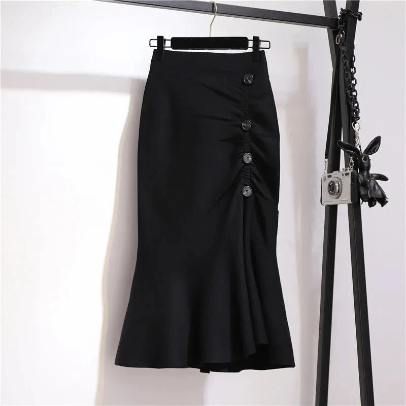 Trumpet Houndstooth Vintage High Waist Button Skirt