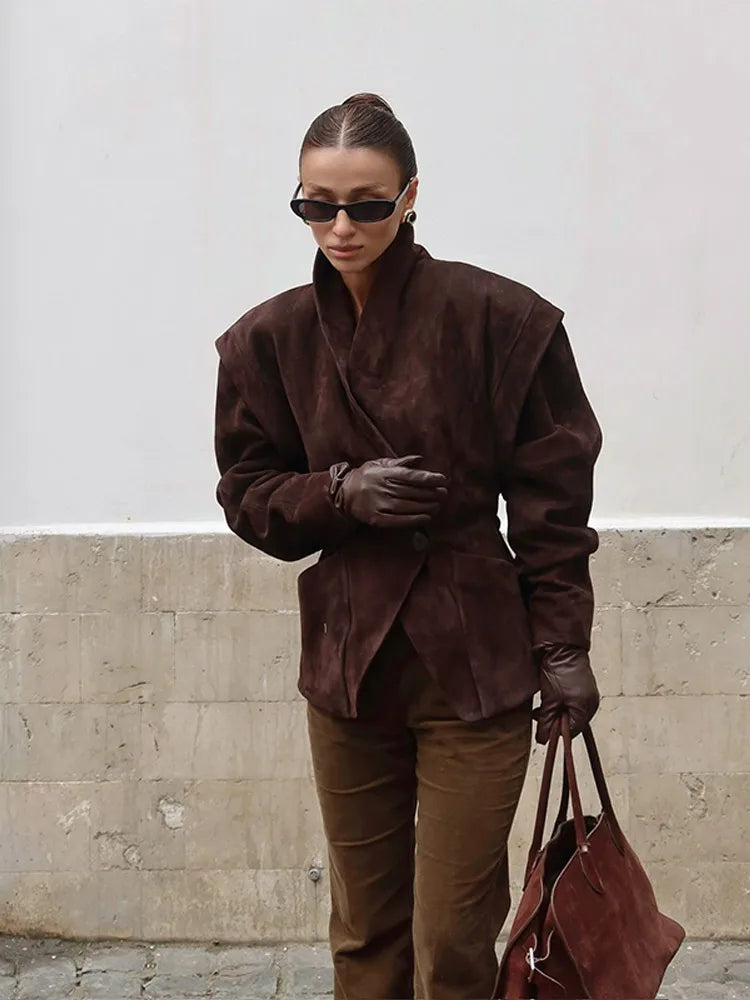 Chocolate Brown Single Breasted Suede Women's Jacket