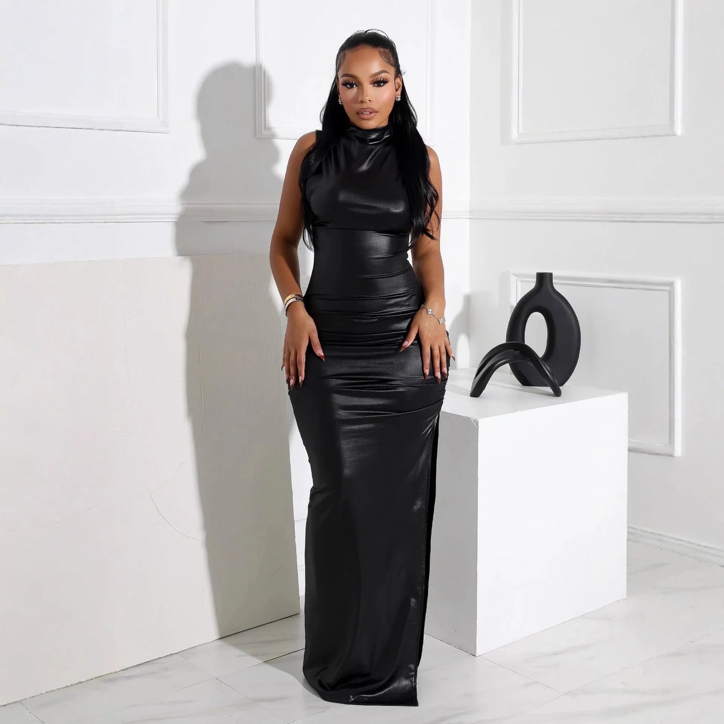 A1 Back to Black  PU Leather Turtle Neck Body Con Dress