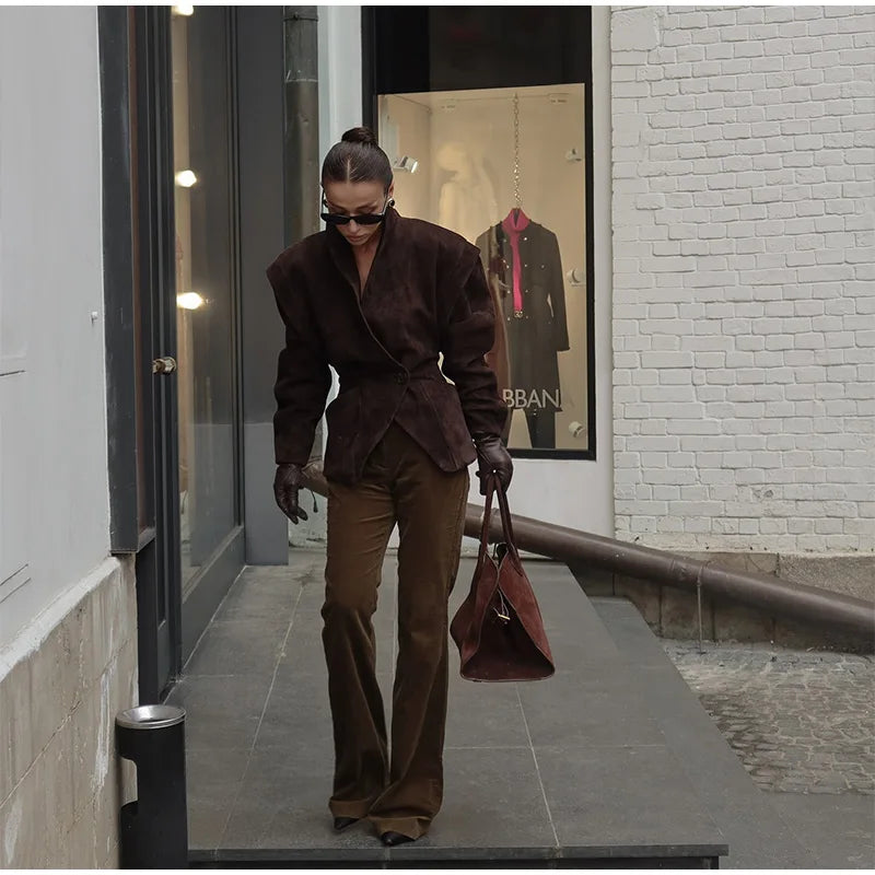 Chocolate Brown Single Breasted Suede Women's Jacket