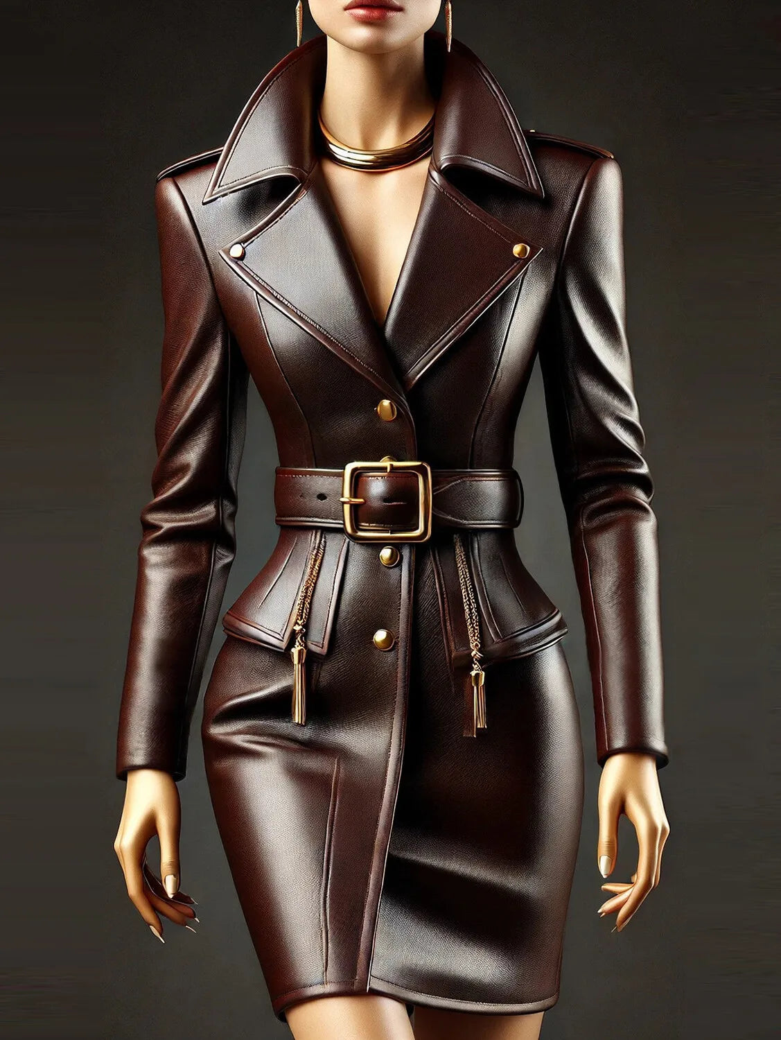 Faux PU  Leather High Street Vintage Cargo Dress with Belt