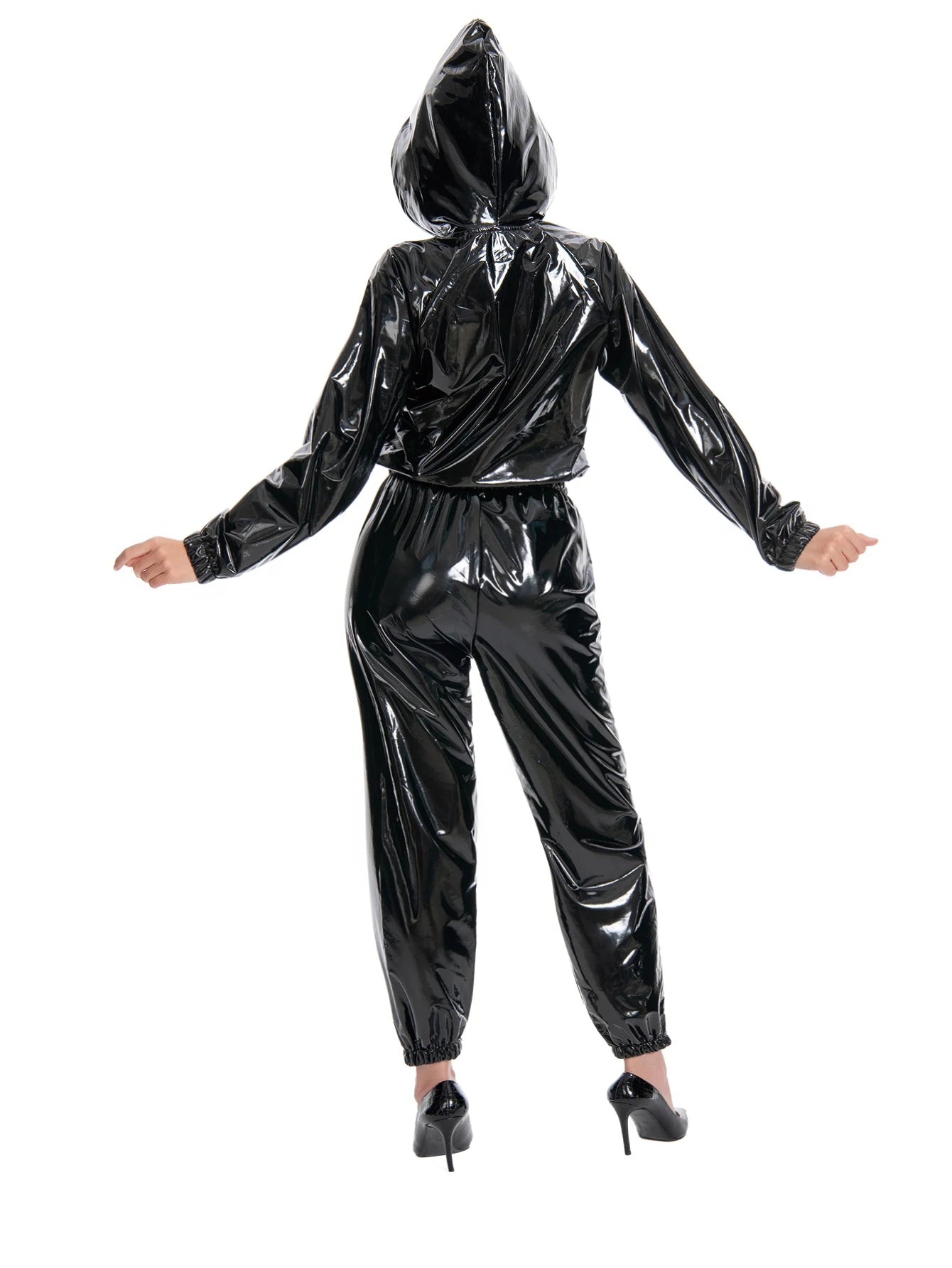 Back to Black Glossy PU women's hooded jumpsuit