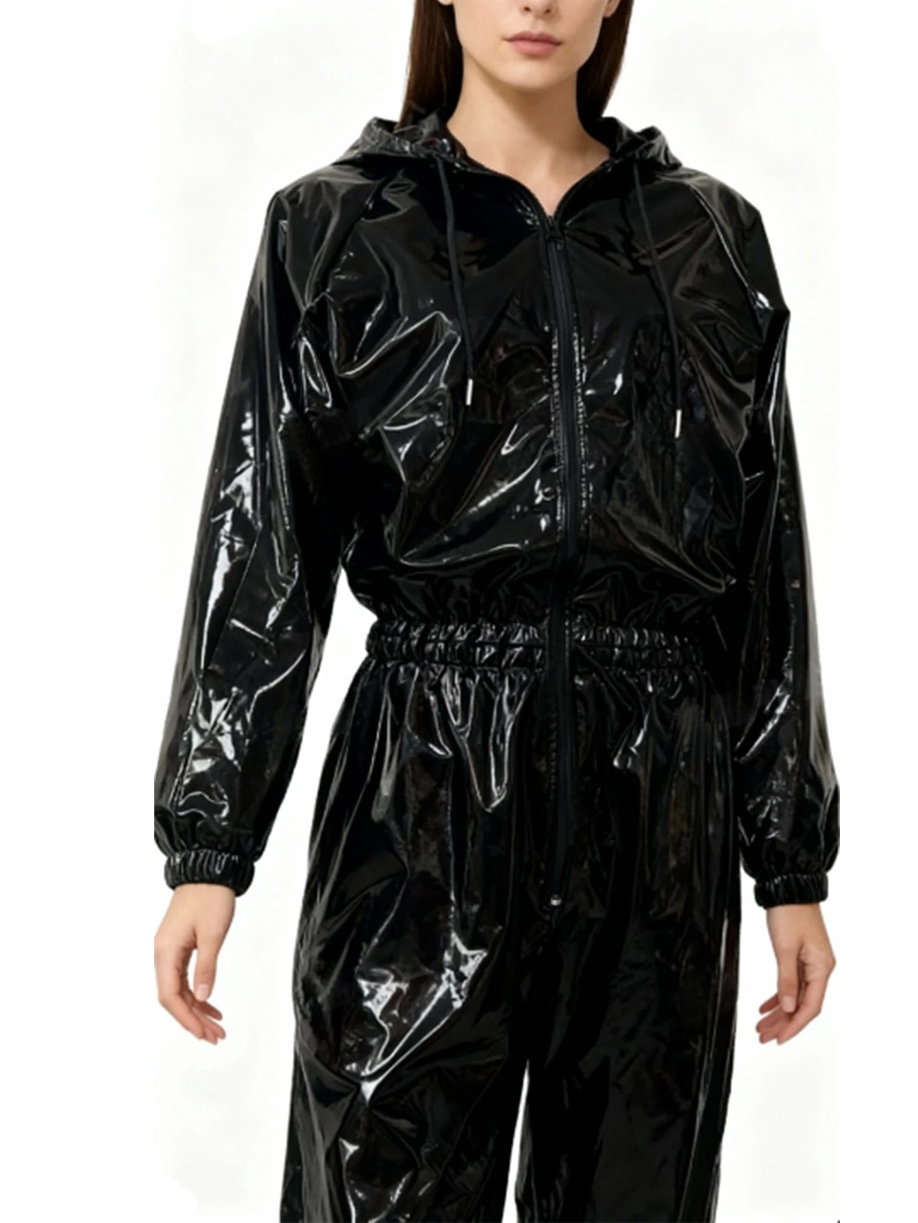 Back to Black Glossy PU women's hooded jumpsuit