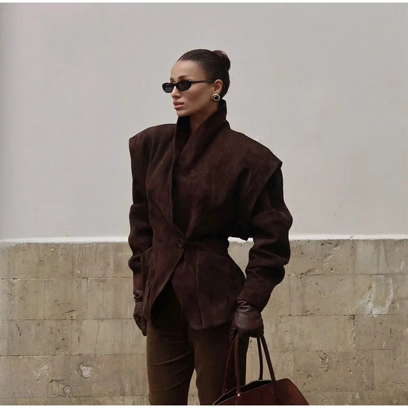 Chocolate Brown Single Breasted Suede Women's Jacket