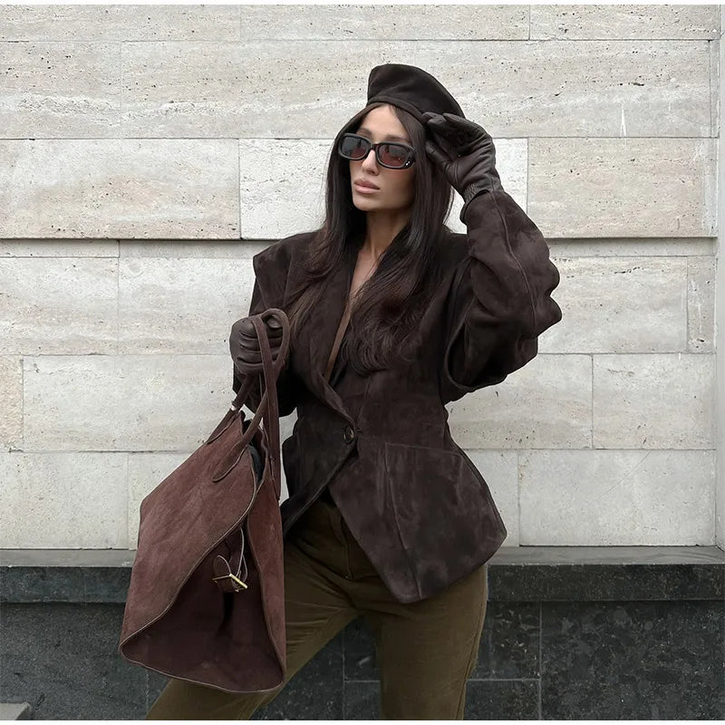 Chocolate Brown Single Breasted Suede Women's Jacket