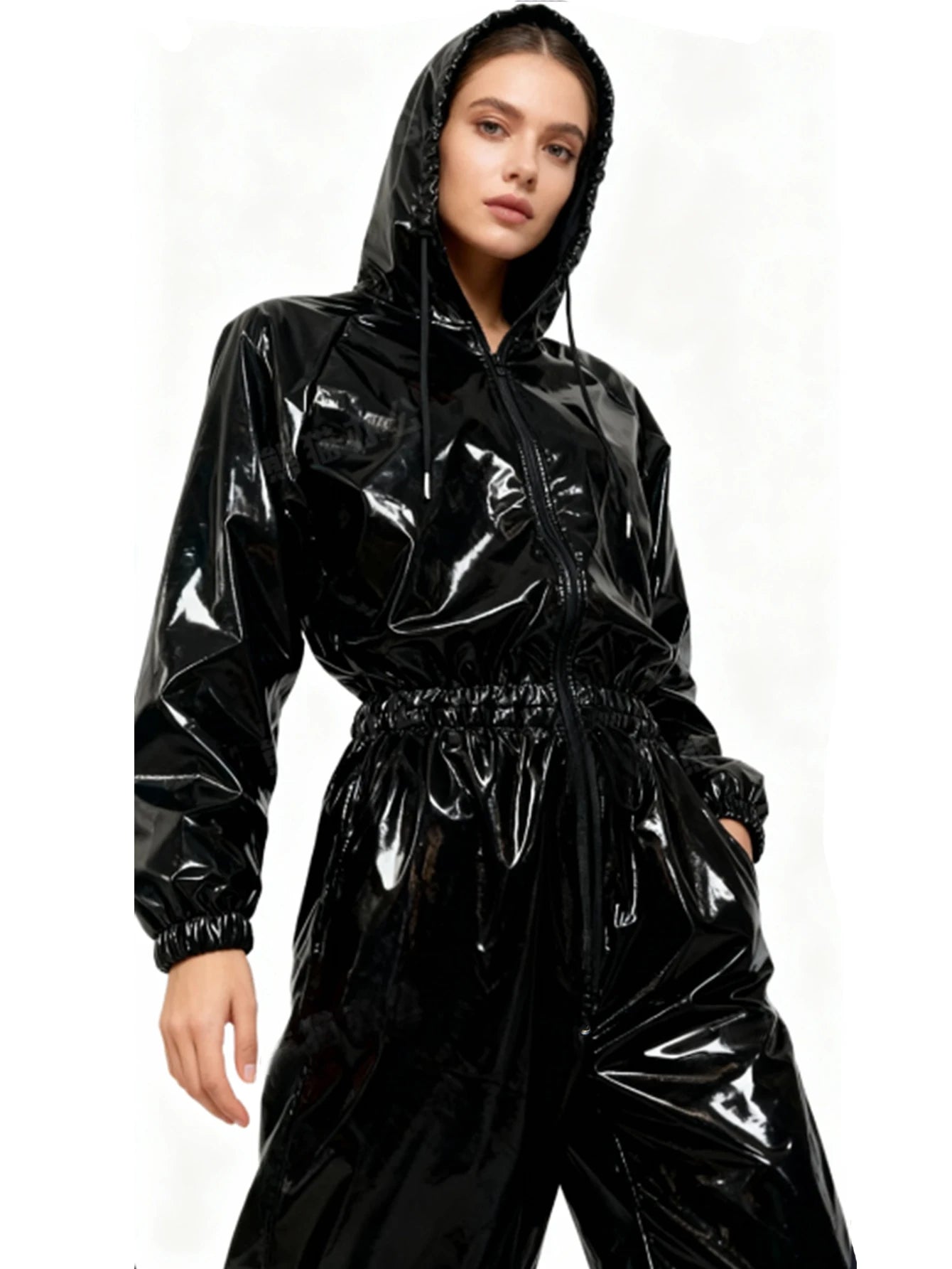 Back to Black Glossy PU women's hooded jumpsuit