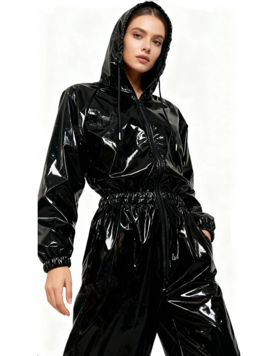 Back to Black Glossy PU women's hooded jumpsuit