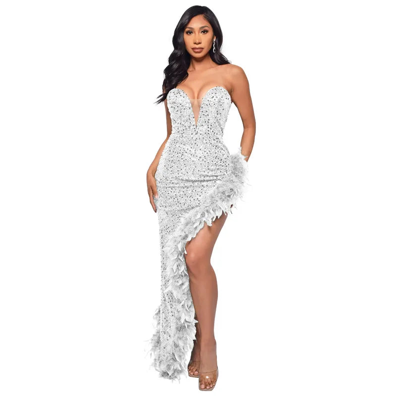 000 Fearless Feather-Trim Illusion Gown - Fearless Feather-Trim Gown