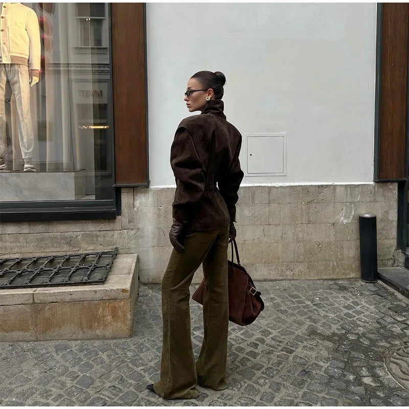 Chocolate Brown Single Breasted Suede Women's Jacket