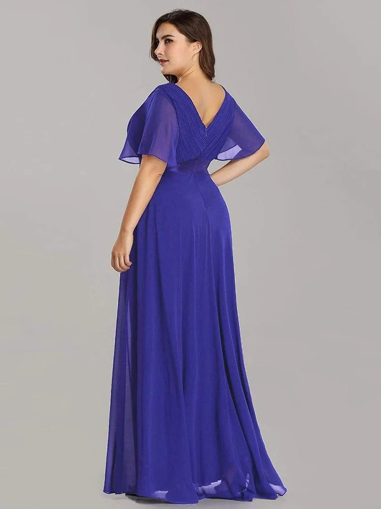 An Elegant A Line V Neck Ruffles Chiffon Formal Plus Size Dress