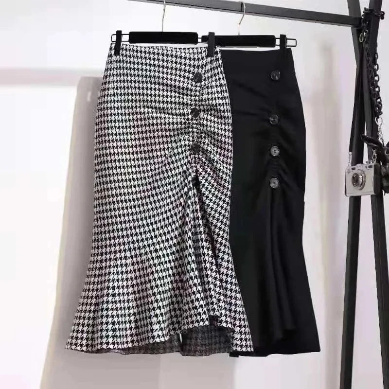 Trumpet Houndstooth Vintage High Waist Button Skirt