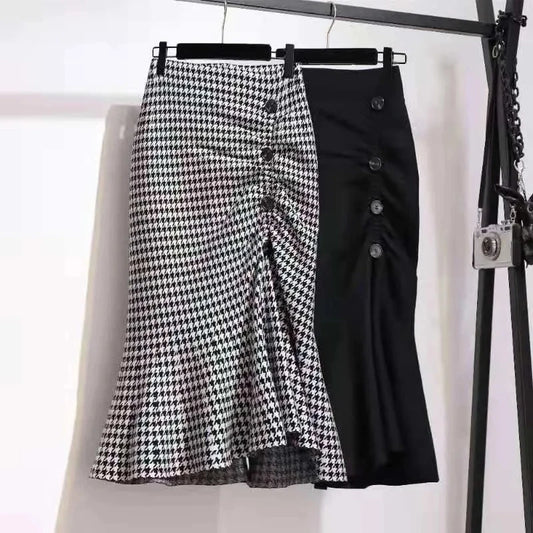 Trumpet Houndstooth Vintage High Waist Button Skirt