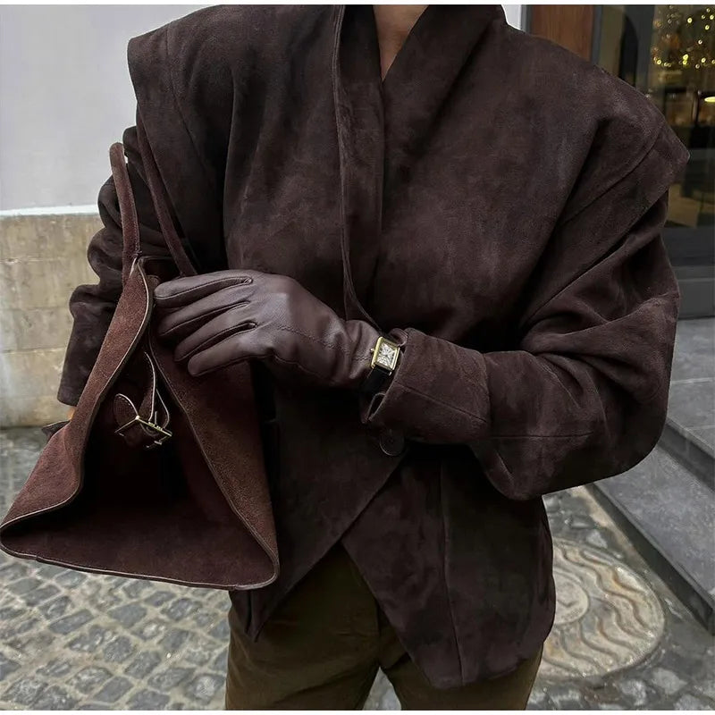 Chocolate Brown Single Breasted Suede Women's Jacket