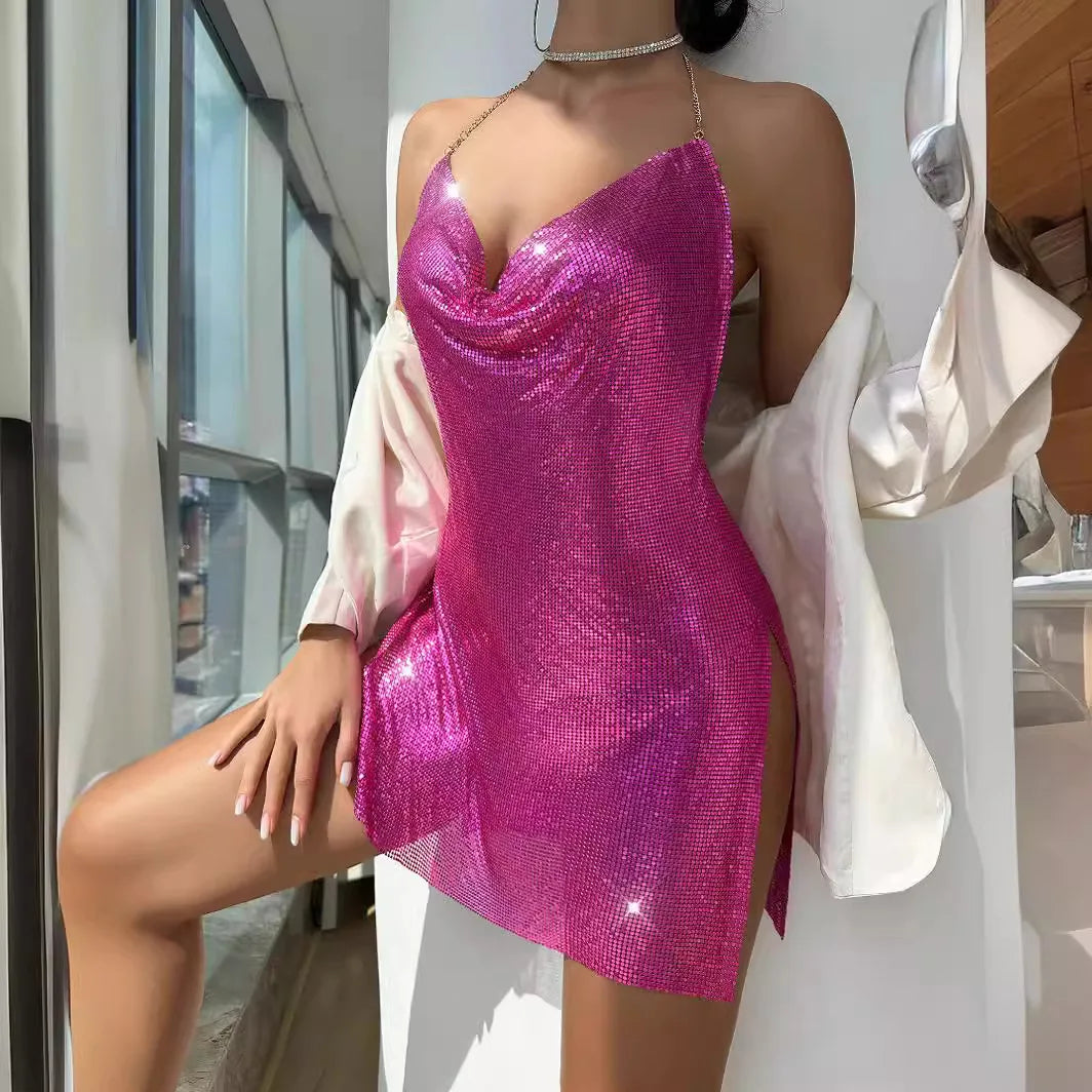 Sequin Sling  Body con Backless Halterneck Mini Dress