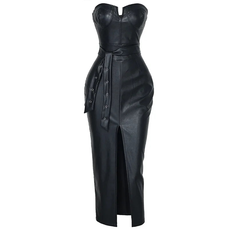 Back to Black Strapless  PU Leather Body Con Dress