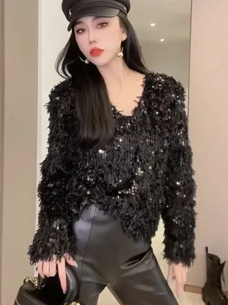 Back To Black V-Neck Sparkle Sweater (Holiday)