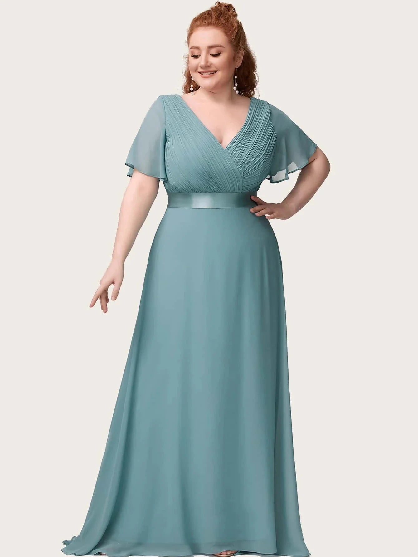 An Elegant A Line V Neck Ruffles Chiffon Formal Plus Size Dress