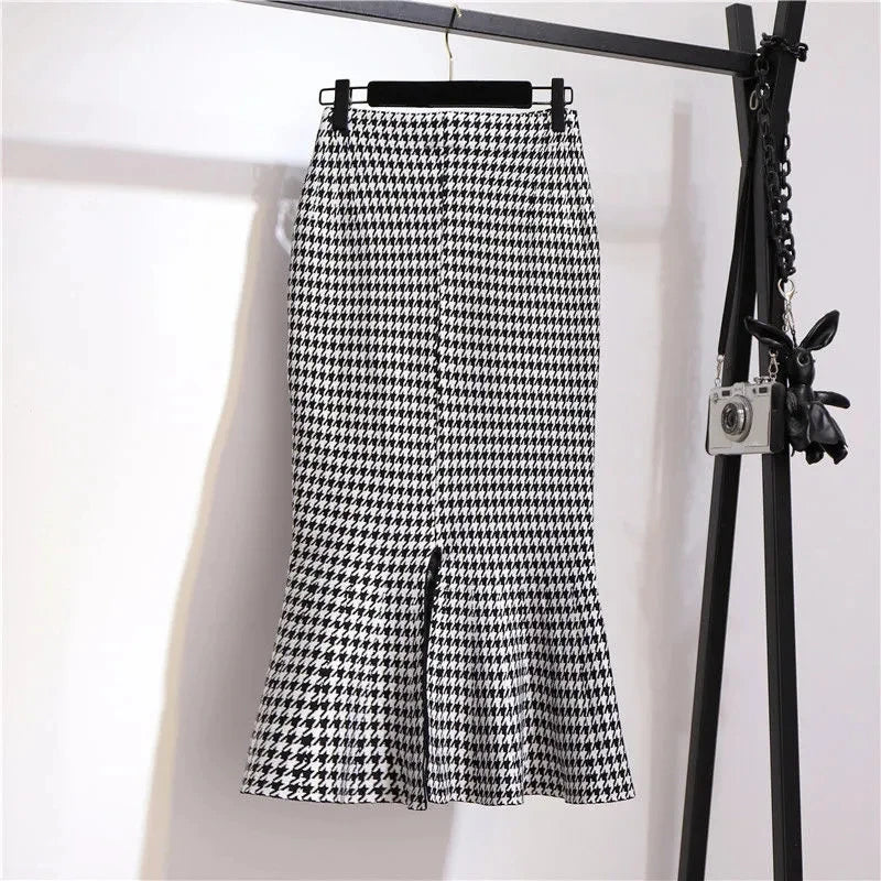 Trumpet Houndstooth Vintage High Waist Button Skirt