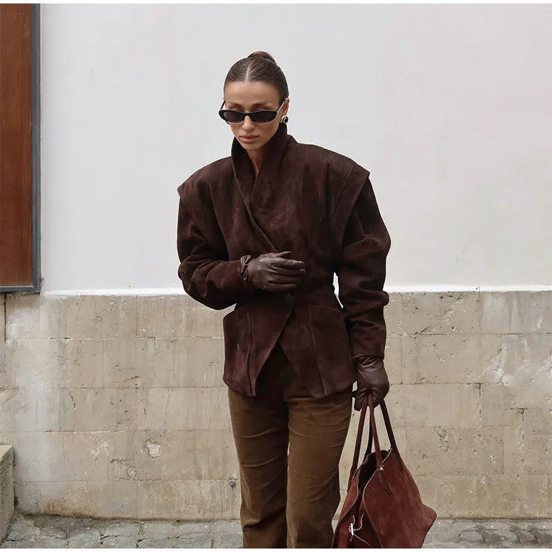 Chocolate Brown Single Breasted Suede Women's Jacket