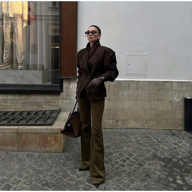 Chocolate Brown Single Breasted Suede Women's Jacket