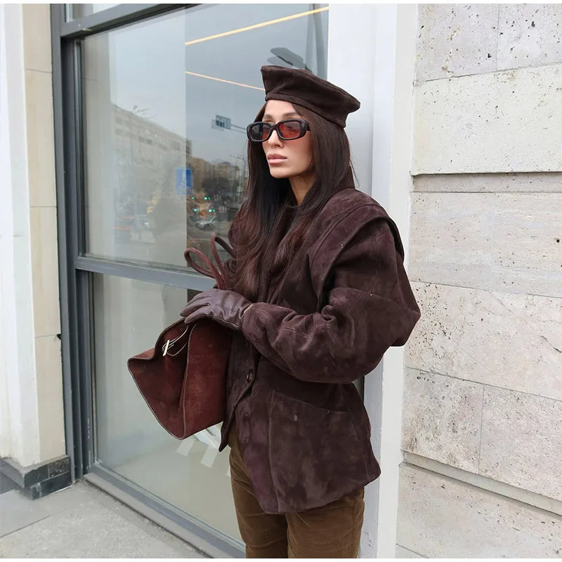 Chocolate Brown Single Breasted Suede Women's Jacket