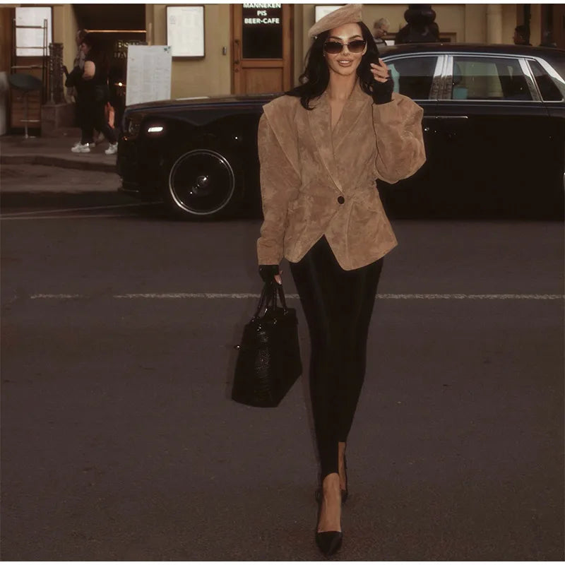 Chocolate Brown Single Breasted Suede Women's Jacket
