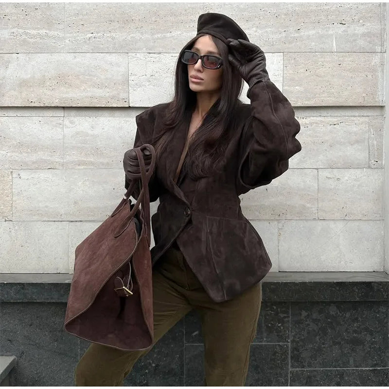 Chocolate Brown Single Breasted Suede Women's Jacket