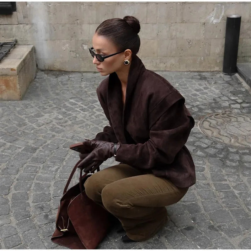 Chocolate Brown Single Breasted Suede Women's Jacket