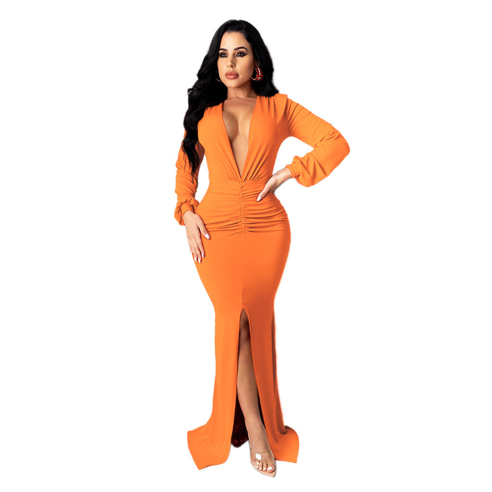 Elegant v-neck body con split dress