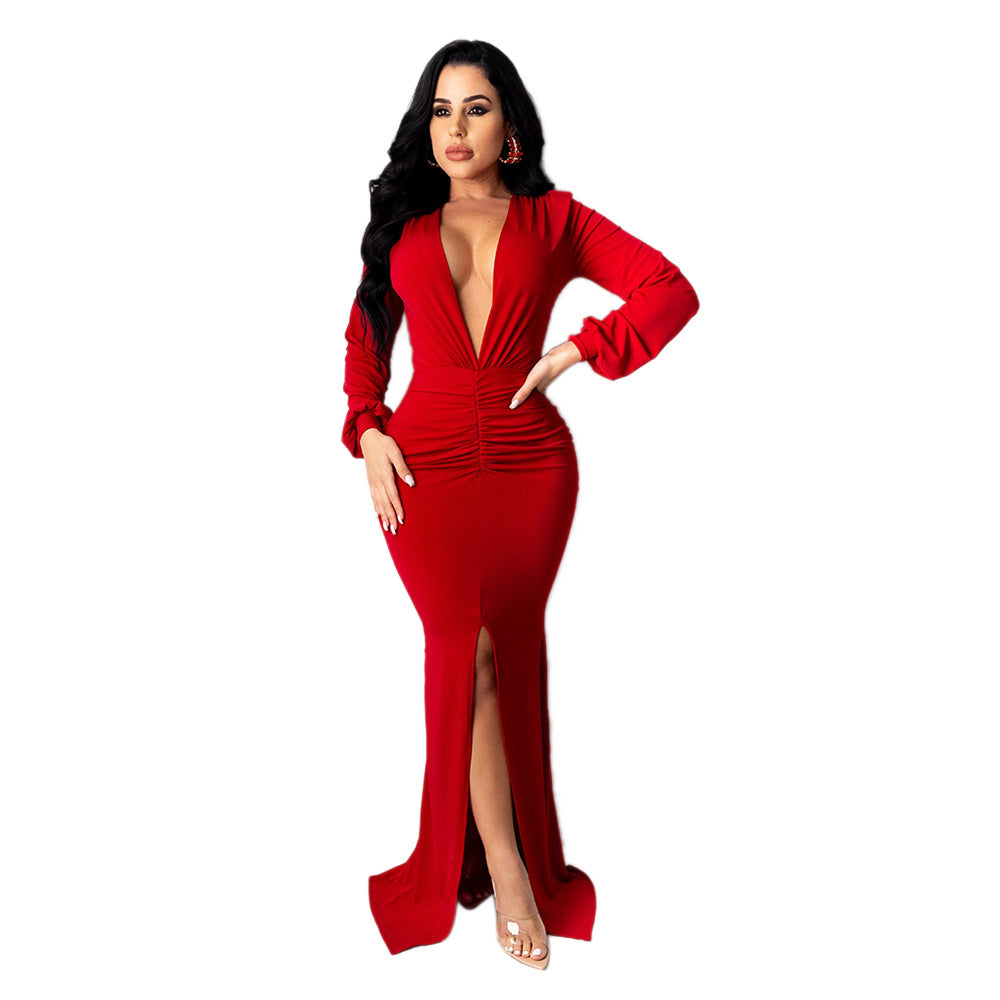 Elegant v-neck body con split dress