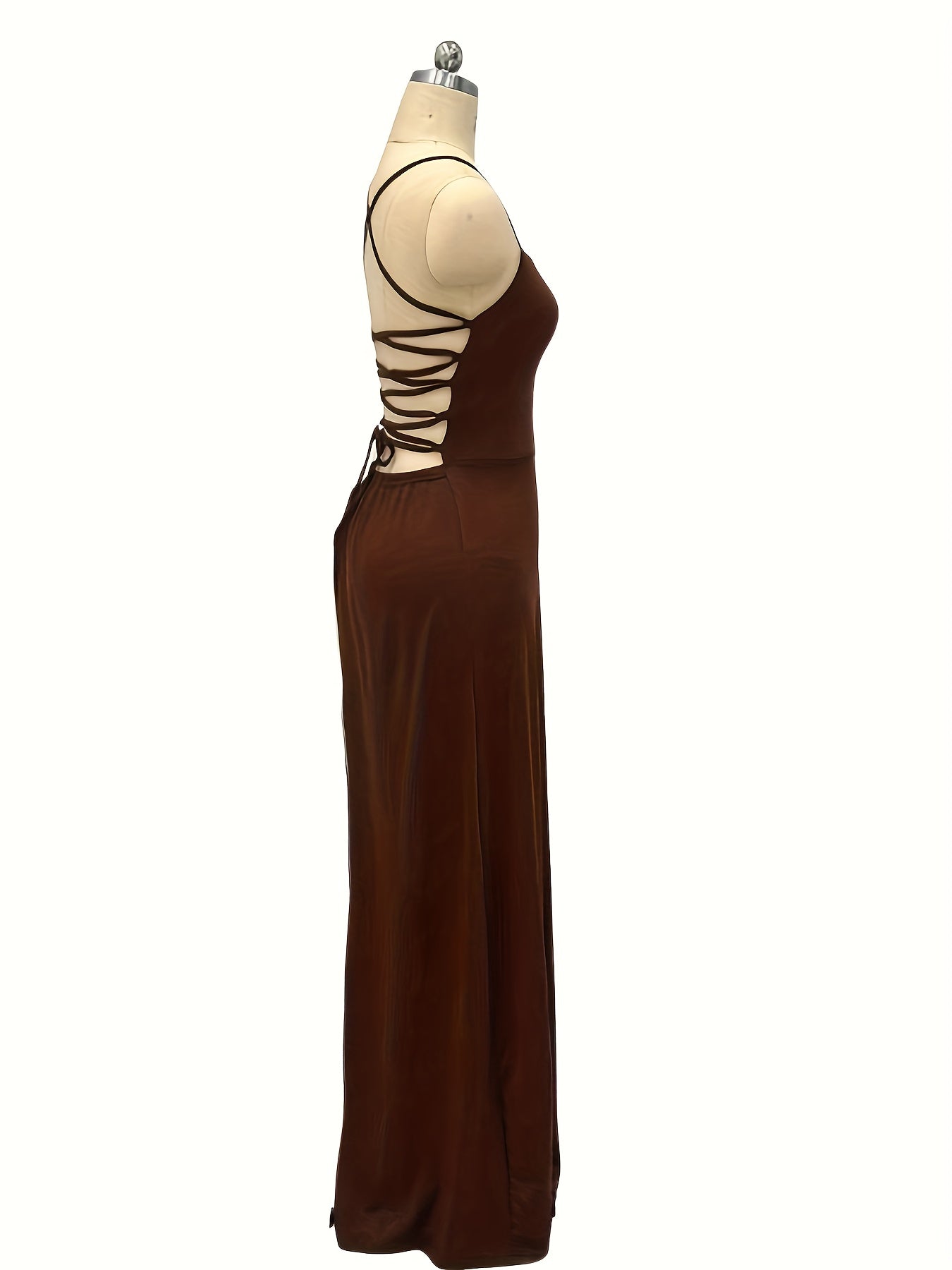 Elegant Halter Neck Mermaid Dress - Long Formal/Party Gown with Back Tie Closure. Length A-Line Silhouette (No Bust Padding), Brown/Beige, Machine Washable