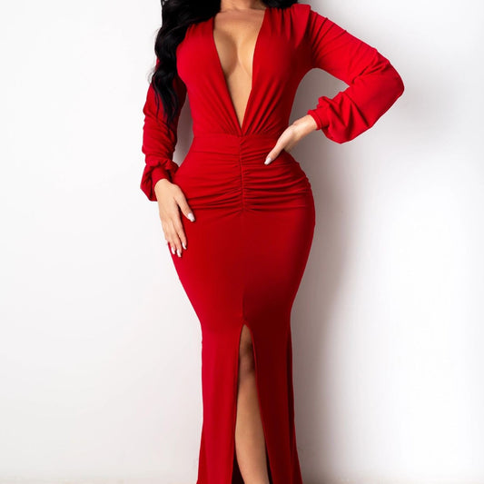 Elegant v-neck body con split dress