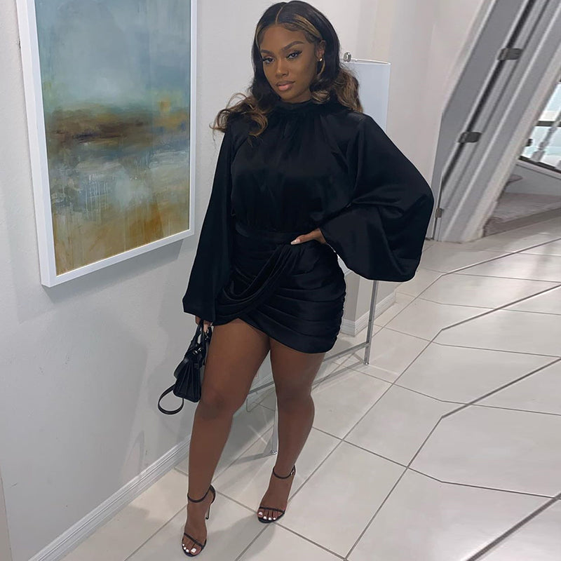 Turtleneck satin silk black wrap bodycon dresses