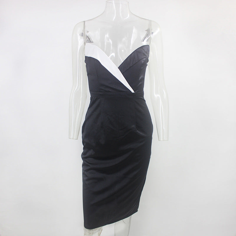Elegant Two-Tone Strapless Bodycon Midi Dress