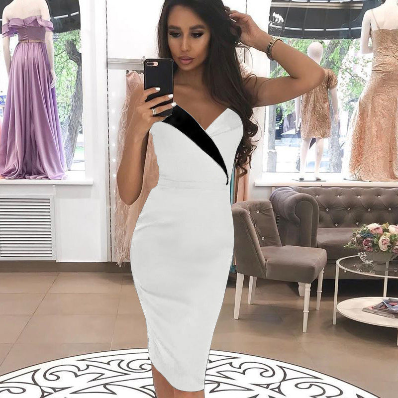 Elegant Two-Tone Strapless Bodycon Midi Dress