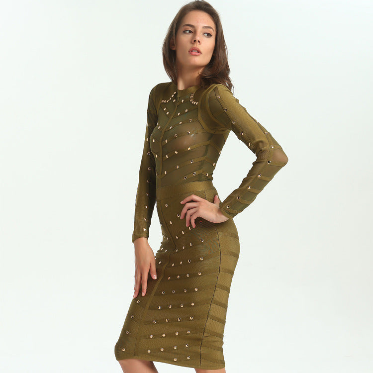 Long Sleeve Studded Sheer Bandage Dress