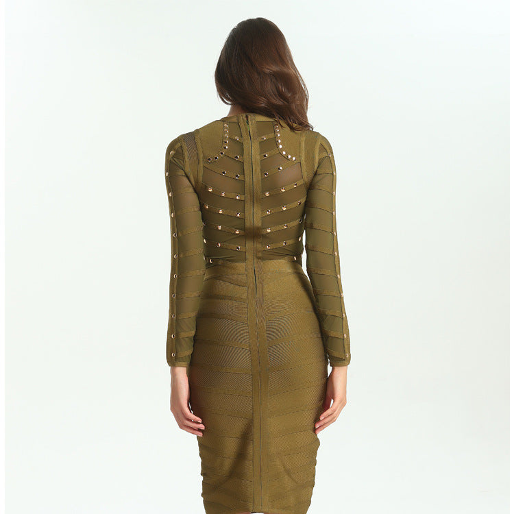Long Sleeve Studded Sheer Bandage Dress
