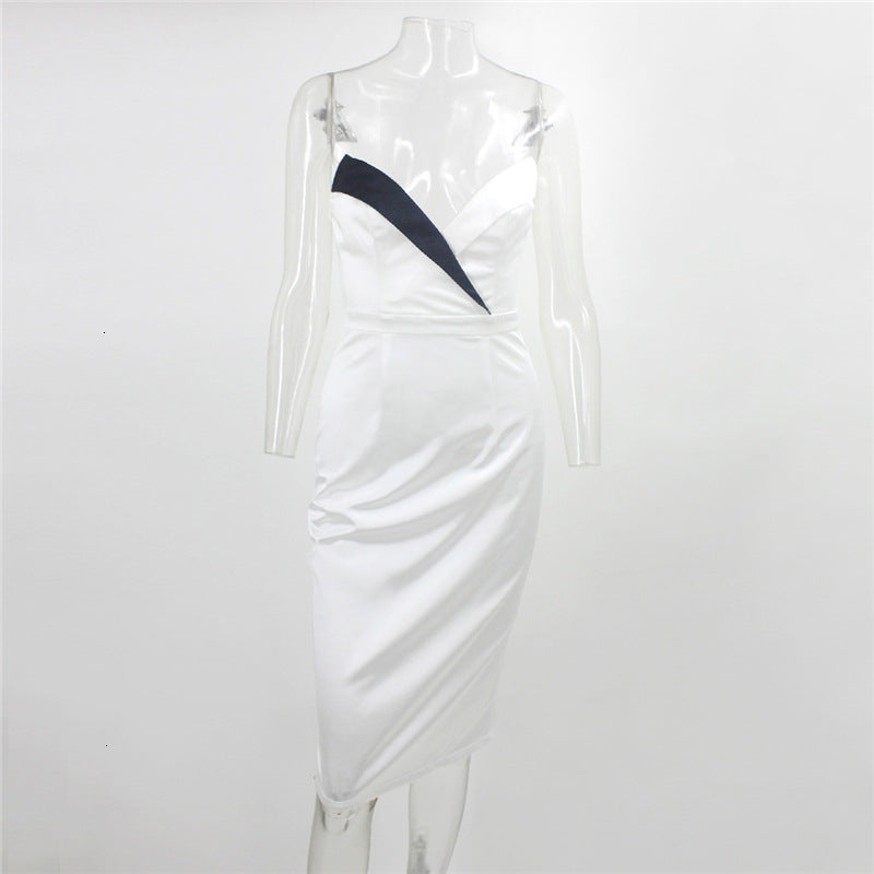 Elegant Two-Tone Strapless Bodycon Midi Dress