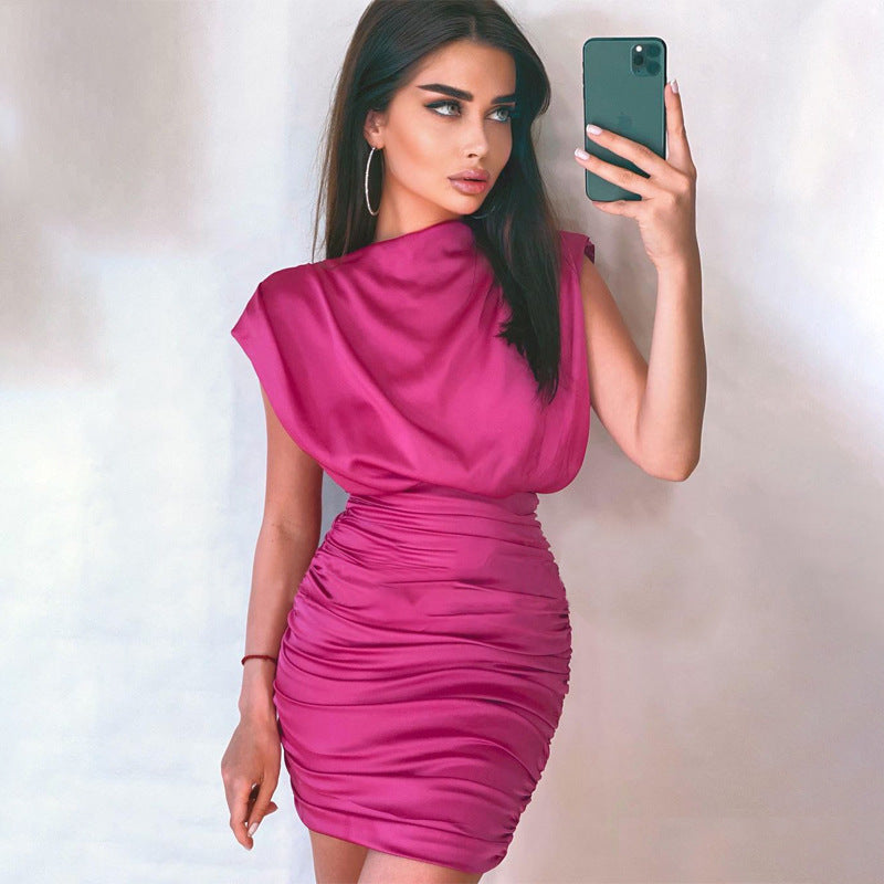 Satin Mock Neck Ruched Mini Dress