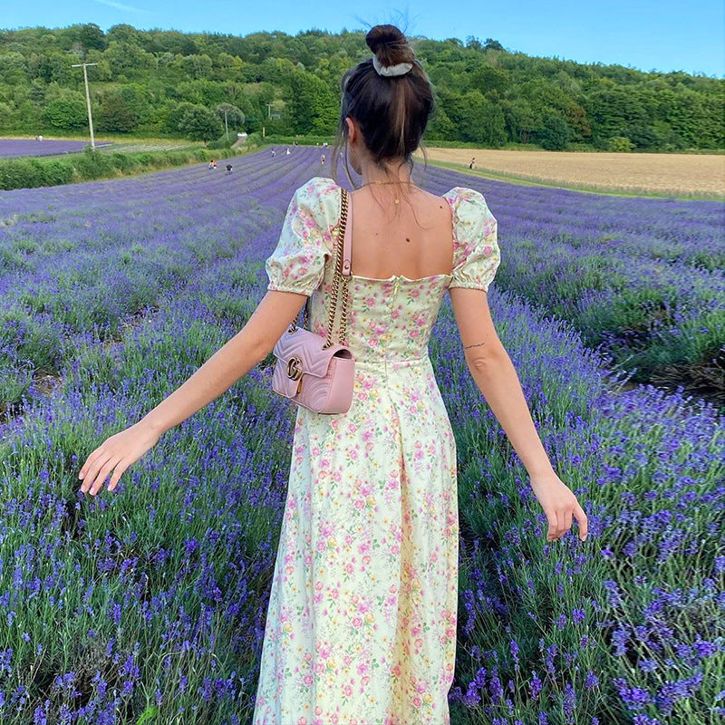 Floral Print Puff Short Sleeve Women Dress High Split Elegant Lace Up