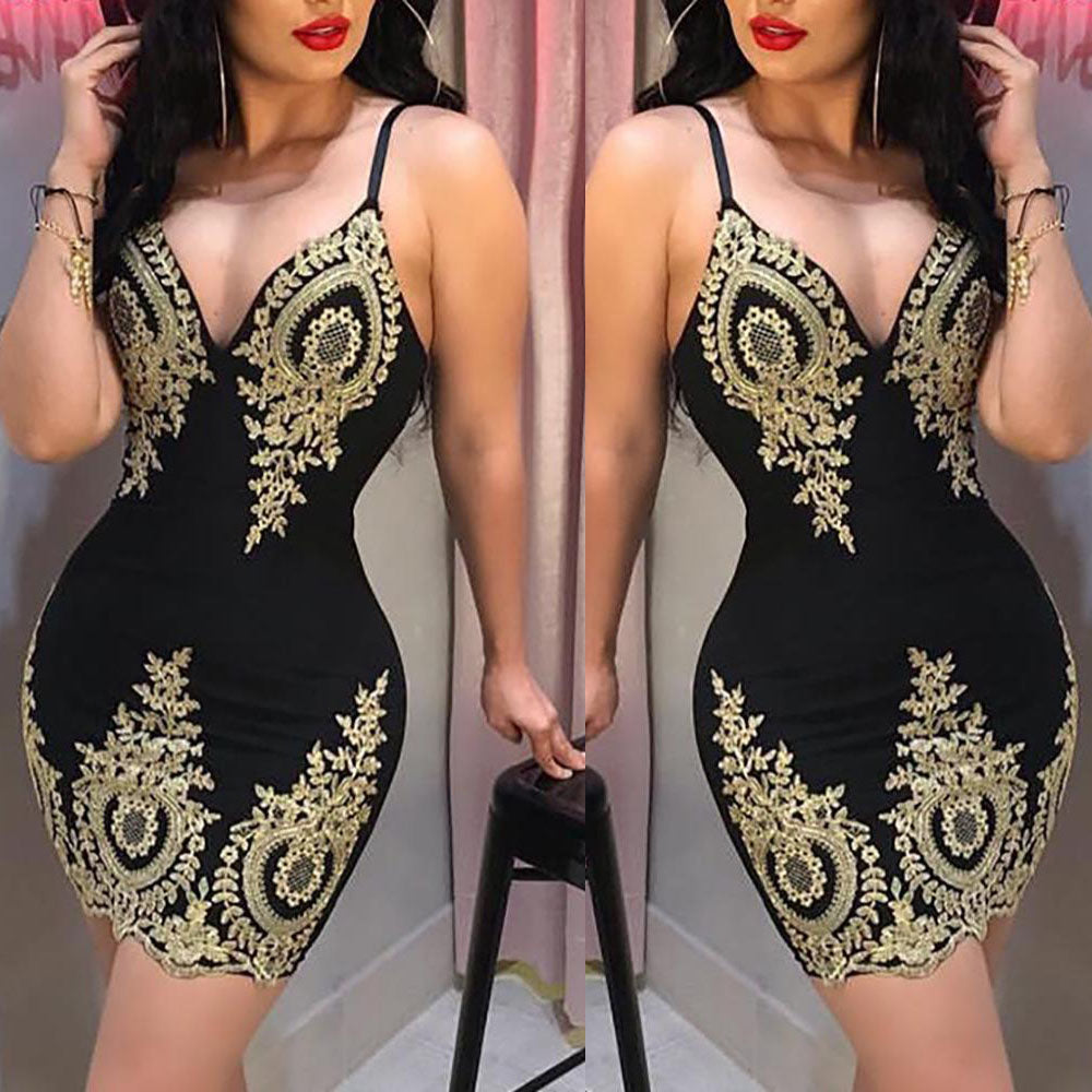 Elegant Gold Embroidered Bodycon Mini Dress in Classic Black