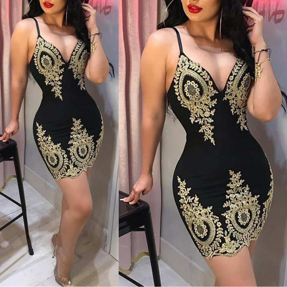 Elegant Gold Embroidered Bodycon Mini Dress in Classic Black