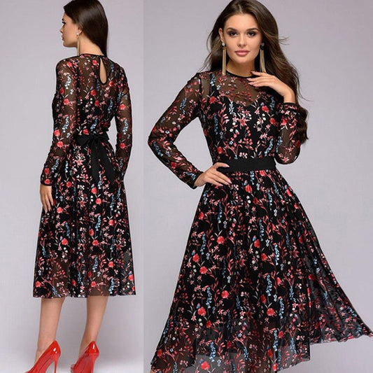 Floral Embroidery Chiffon Cocktail Midi Dress