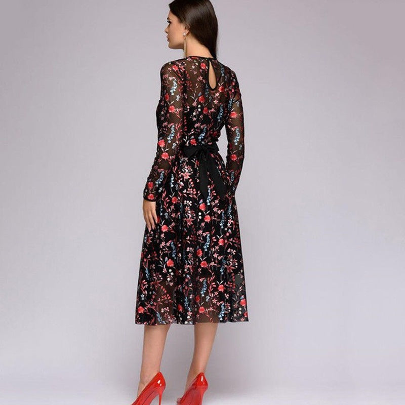 Floral Embroidery Chiffon Cocktail Midi Dress